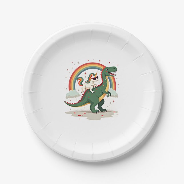 Rainbow Unicorn Riding T rex - Dinosaur Boys Girls Paper Plate (Front)