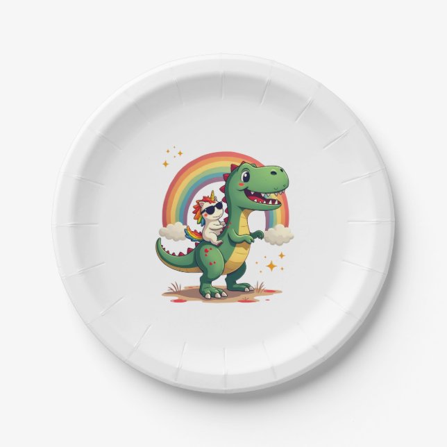 Rainbow Unicorn Riding T rex - Dinosaur Boys Girls Paper Plate (Front)