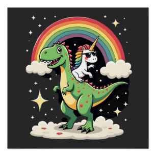 Rainbow Unicorn Riding T rex - Dinosaur Boys Girls Poster