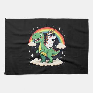 Rainbow Unicorn Riding T rex - Dinosaur Boys Girls Tea Towel