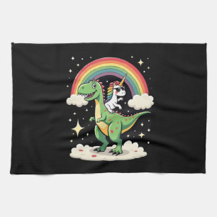 Rainbow Unicorn Riding T rex - Dinosaur Boys Girls Tea Towel