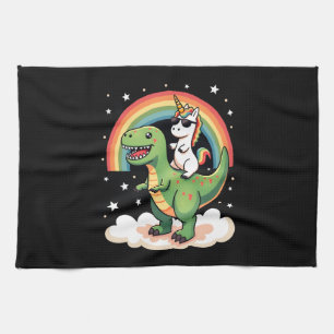 Rainbow Unicorn Riding T rex - Dinosaur Boys Girls Tea Towel