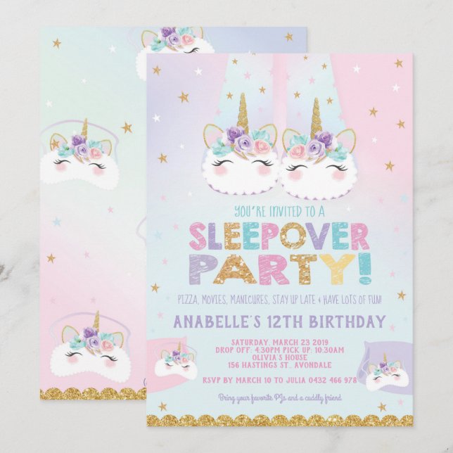 Rainbow Unicorn Sleepover Birthday Party Invitation (Front/Back)
