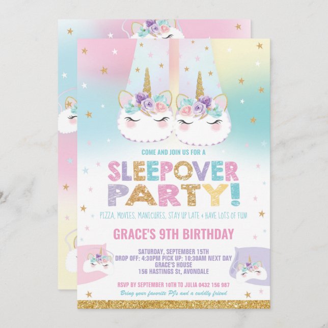 Rainbow Unicorn Sleepover Birthday Party Pajama Invitation (Front/Back)