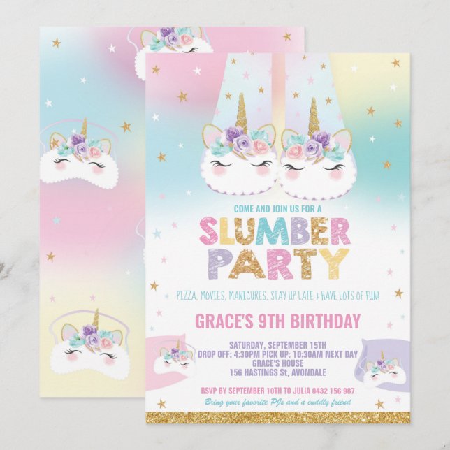Rainbow Unicorn Slumber Birthday Party Sleepover Invitation (Front/Back)