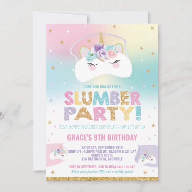 Rainbow Unicorn Slumber Birthday Party Sleepover Invitation (Front)