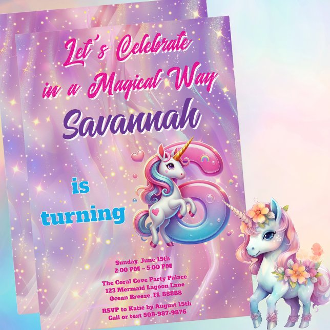 Rainbow Unicorn Sparkle 6th Birthday Party  Invitation (Magical Unicorn Birthday Party Invitation)