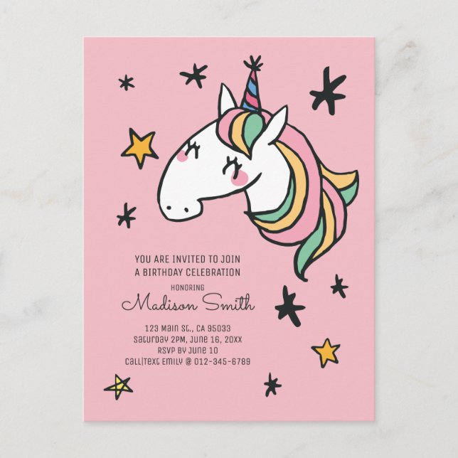Rainbow Unicorn Stars Birthday Invitation (Front)