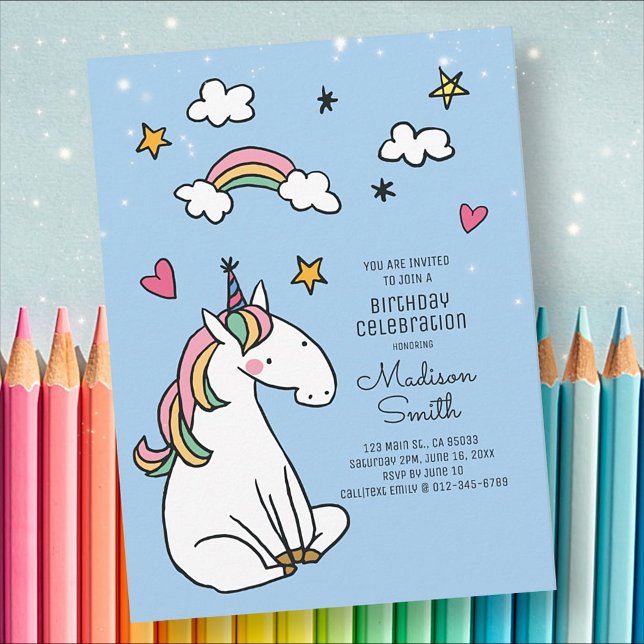 Rainbow Unicorn Stars Hearts Birthday Invitation Postcard (Creator Uploaded)