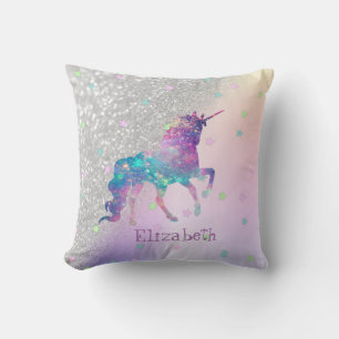 Rainbow Unicorn,Stars, Silver Glitter Bokeh Cushion