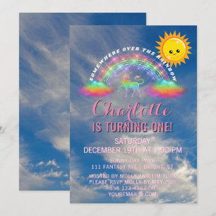 Rainbow Unicorn Sun Clouds 1st Birthday Party Invitation