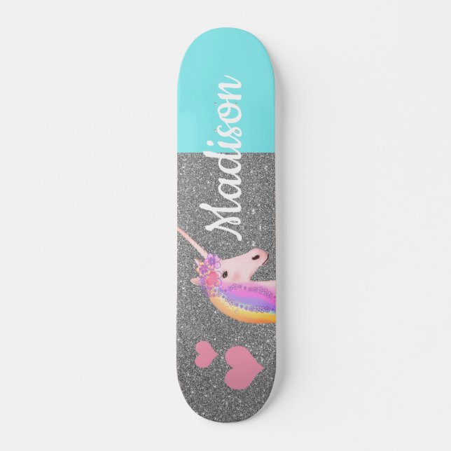 Rainbow Unicorn Teal Silver Glitter Personalized Skateboard (Front)