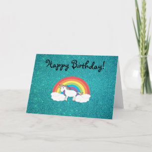 Rainbow unicorn turquoise glitter card