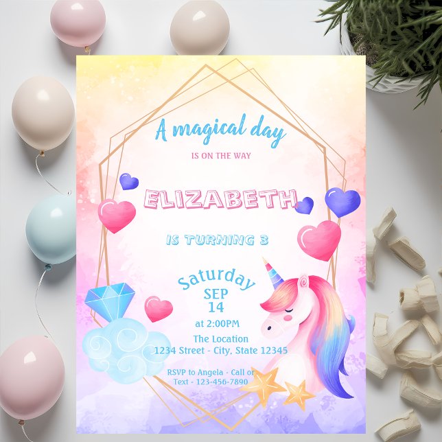 Rainbow Unicorn, Watercolor Birthday Invitation (Creator Uploaded)