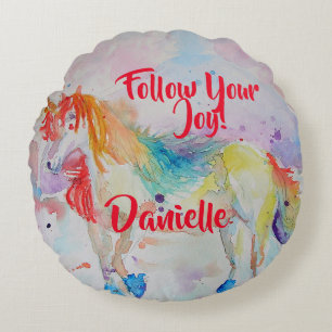 Rainbow Unicorn Watercolor Childs Name Decoration Round Cushion