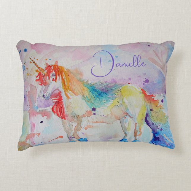 Rainbow Unicorn Watercolor Girls Name Cushion (Front)
