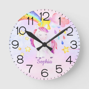 Rainbow Unicorn Watercolor Personalised Cute Round Clock