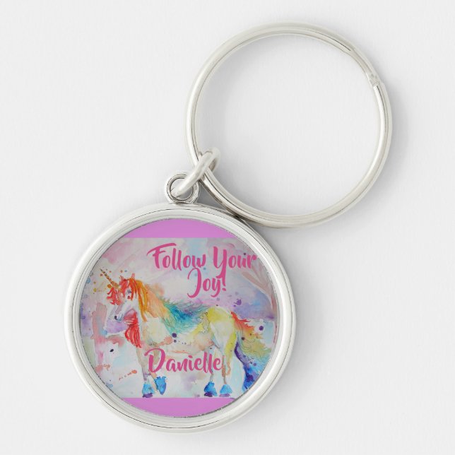 Rainbow Unicorn Watercolor Pink Key Ring (Front)