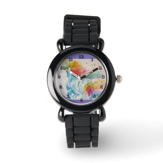 Rainbow Unicorn Watercolor Purple Girls Watch (Front)