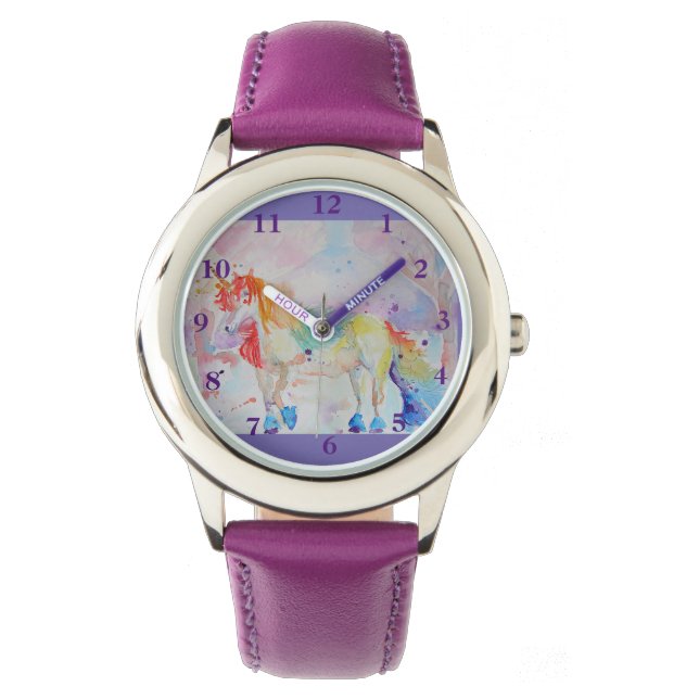 Rainbow Unicorn Watercolor Purple Girls Watch (Front)