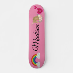 Rainbow unicorn with shimmer heart. skateboard
