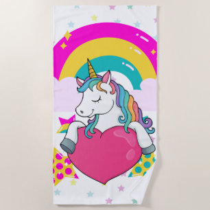 Rainbow Unicorn with Stars Beach Towel