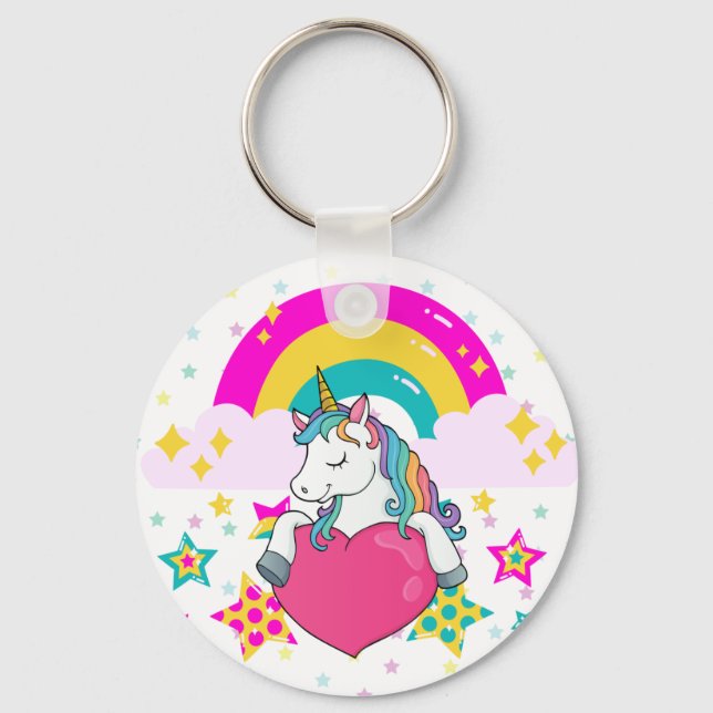 Rainbow Unicorn with Stars  Key Ring (Front)