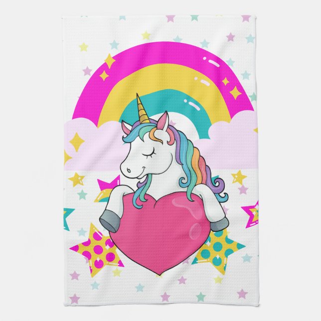 Rainbow Unicorn with Stars     Tea Towel (Vertical)