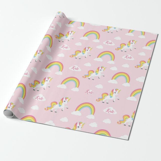 Rainbow Unicorn Wrapping Paper (Personalised) Pink (Unrolled)