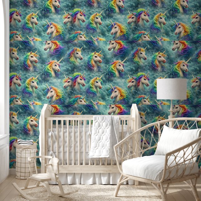 Rainbow unicorns and magical teal clouds fant tear wallpaper (Kids)