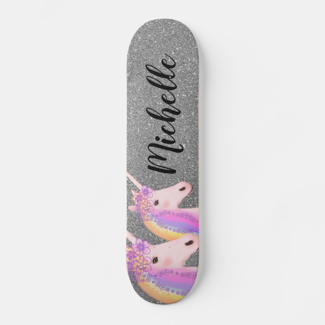 Rainbow Unicorns Girly Silver Glitter Personalised Skateboard (Front)