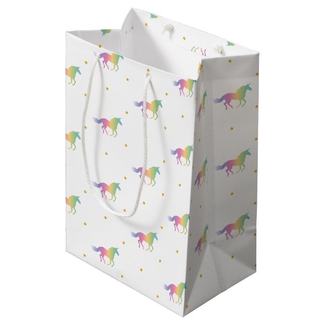 Rainbow Unicorns & Gold Stars Pattern Medium Gift Bag (Front Angled)