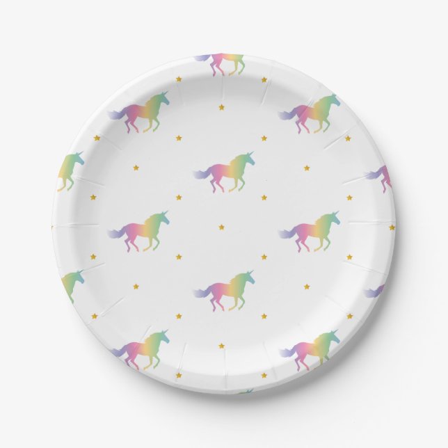 Rainbow Unicorns & Gold Stars Pattern Paper Plate (Front)