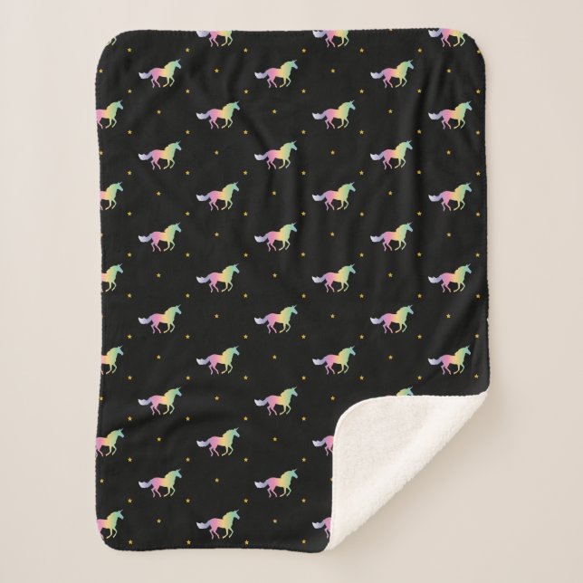 Rainbow Unicorns & Gold Stars Pattern Sherpa Blanket (Front)