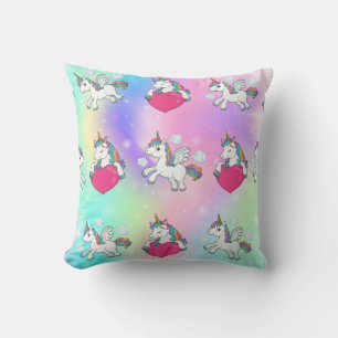 Rainbow Unicorns Hearts Print Throw Pillow