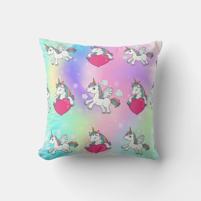 Rainbow Unicorns Hearts Print Throw Pillow (Front)