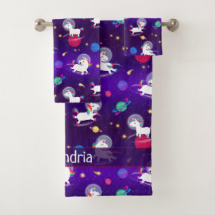Rainbow Unicorns In Space Purple Ombre Bath Towel Set