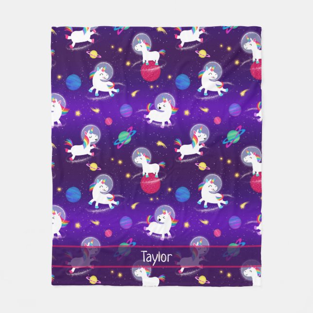 Rainbow Unicorns In Space Purple Ombre Fleece Blanket (Front)