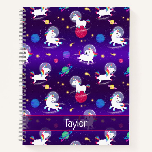 Rainbow Unicorns In Space Purple Ombre Notebook (Front)