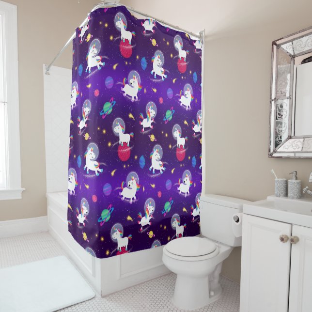 Rainbow Unicorns In Space Purple Ombre Shower Curtain (In Situ)