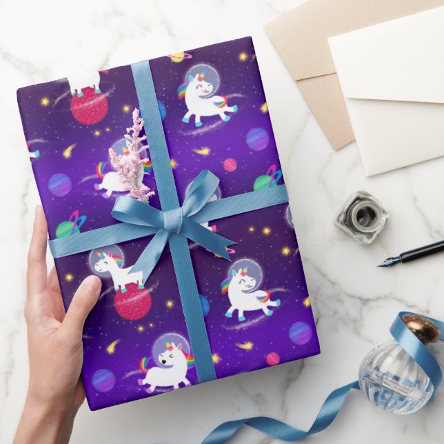 Rainbow Unicorns In Space Purple Ombre Wrapping Paper (Gifting)