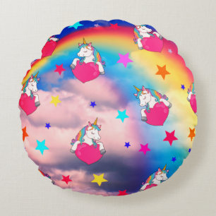 Rainbow Unicorns In The Clouds Round Pillow