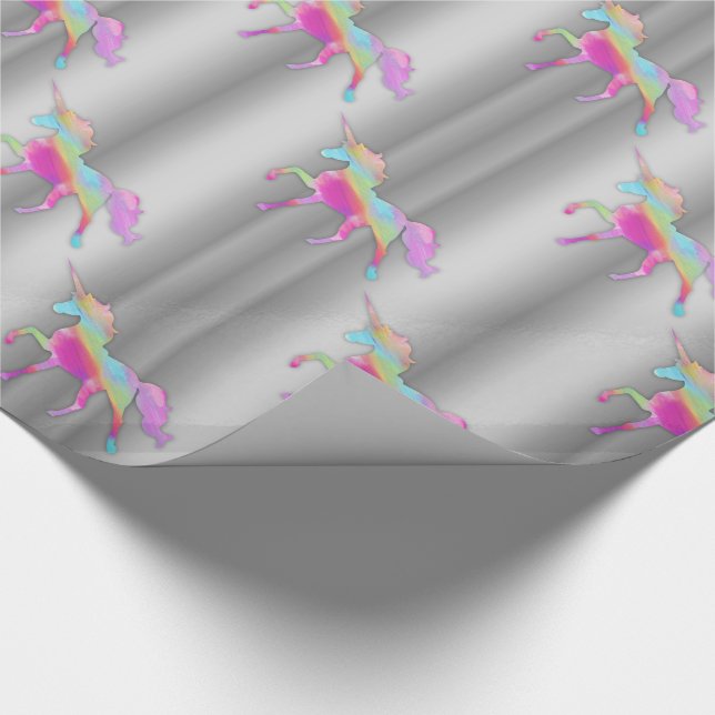 Rainbow Unicorns on Silver Wrapping Paper (Corner)