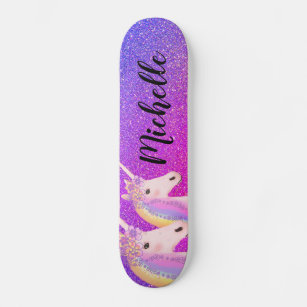 Rainbow Unicorns Purple Pink Glitter Personalised Skateboard