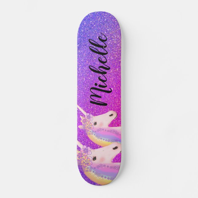 Rainbow Unicorns Purple Pink Glitter Personalised Skateboard (Front)