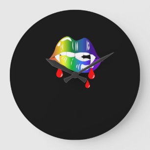 Rainbow Vampire Lips Biting - LGBT Pride T-Shirt Large Clock