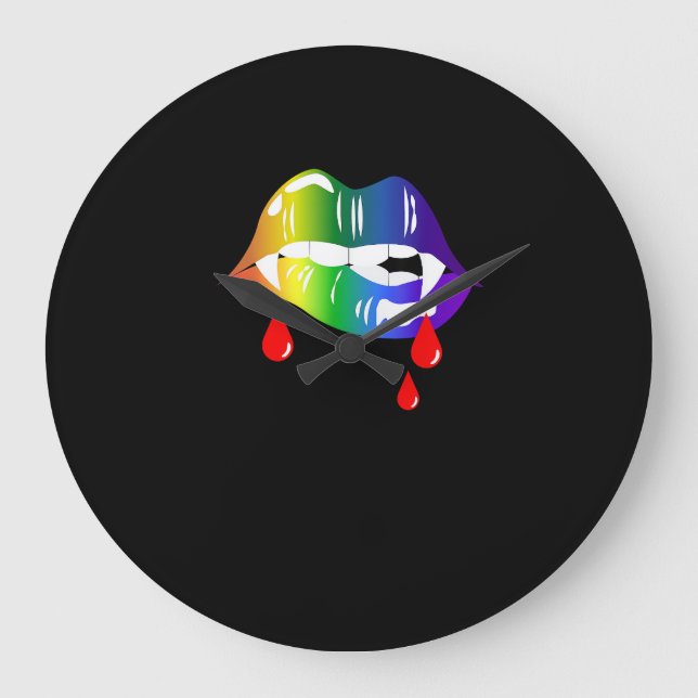 Rainbow Vampire Lips Biting - LGBT Pride T-Shirt Large Clock (Front)