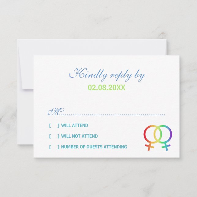 Rainbow Venus Symbols Lesbian Wedding RSVP Card (Front)