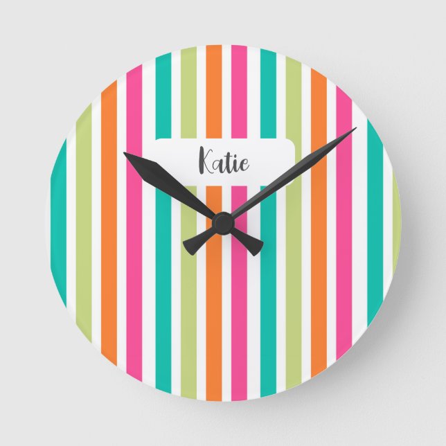 Rainbow vertical stripes colourful retro multicolo round clock (Front)