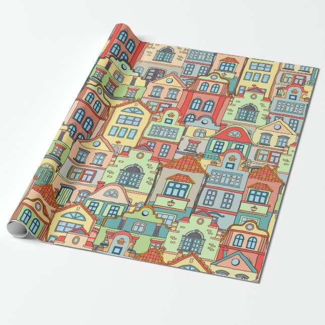 Rainbow Village Neighbourhood City Homes Welcome 2 Wrapping Paper (Unrolled)